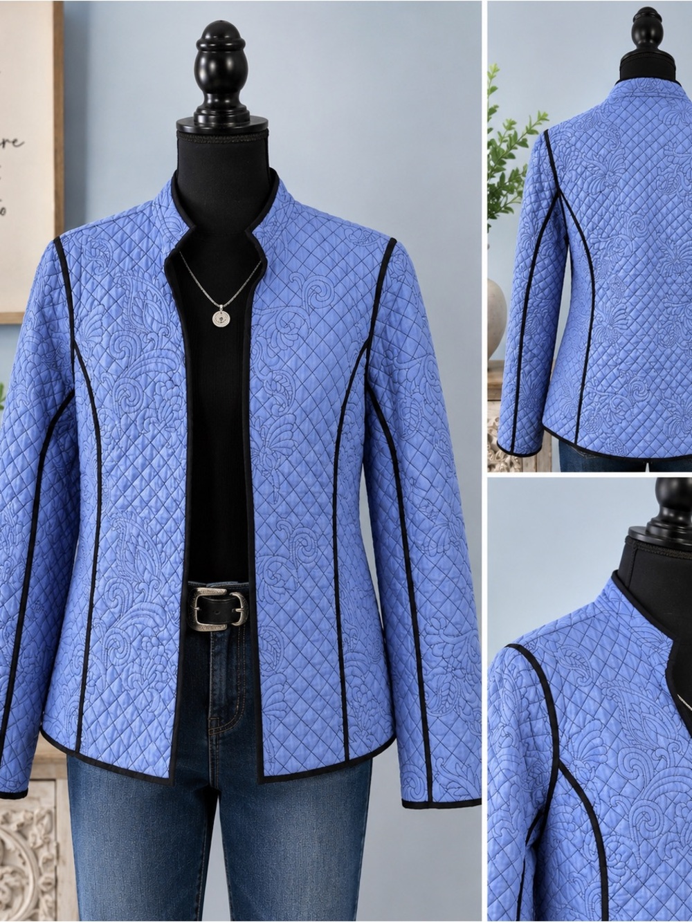 Chico’s Womens Size 1 Blue Quilted Paisley Jacket Black Piping Vintage Y2K